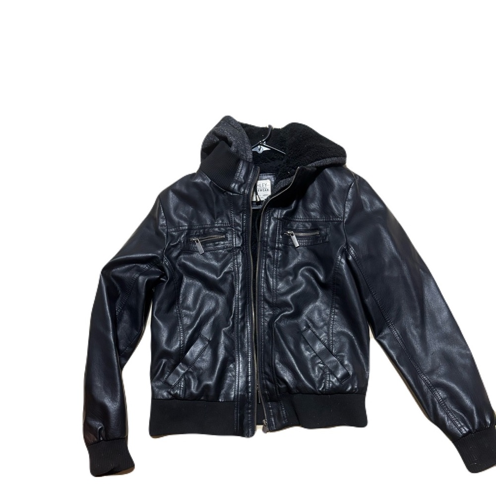 Black Faux Leather Jacket with Hood